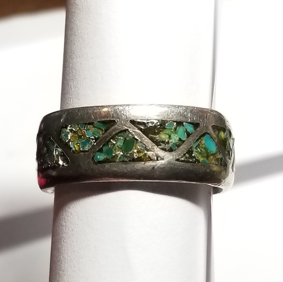 Relisted -vintage inlay ring crushed stone silver tone 8.75  8 3/4 - Picture 10 of 16